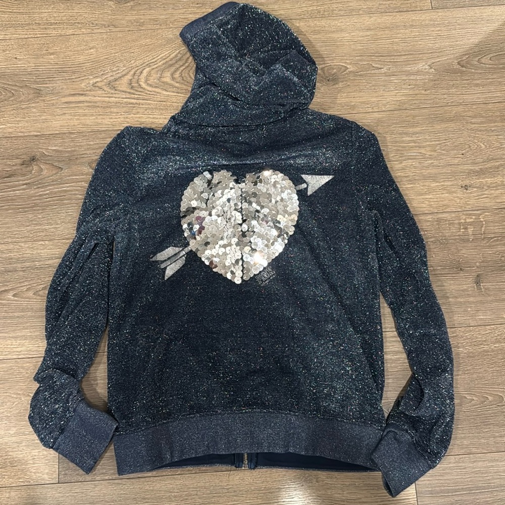 Navy blue metallic abd silver sequin hoodie —-mega rare